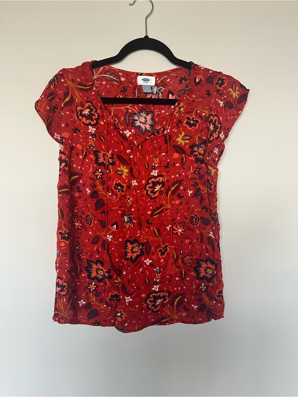Old Navy Red Floral Tie Front Blouse